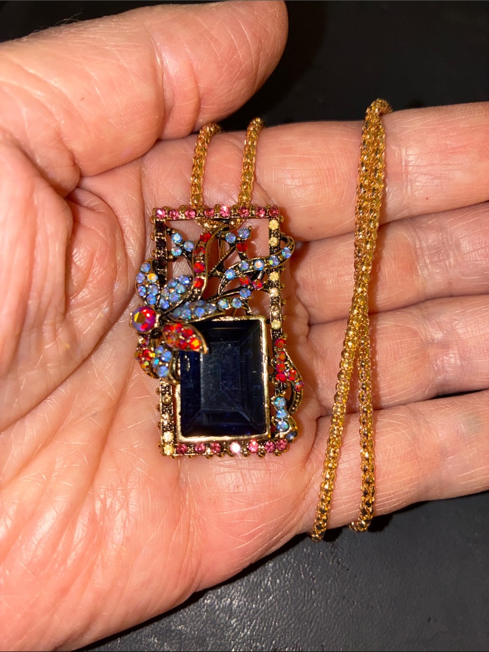 Floral Multicolor Pendant/Brooch Necklace with Deep Blue Center